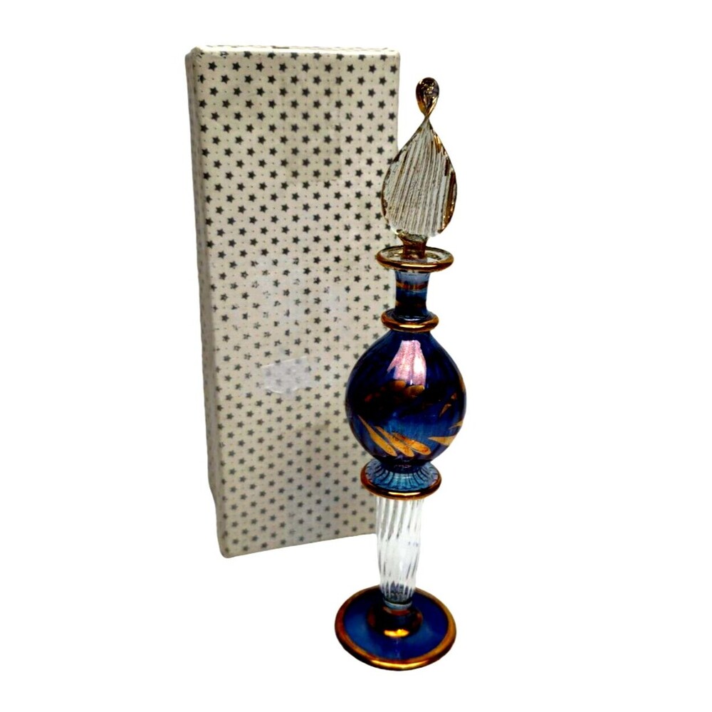 Vintage Egyptian Hand Blown Blue Gold Glass Perfume Bottle w/ Stopper & Box 5"